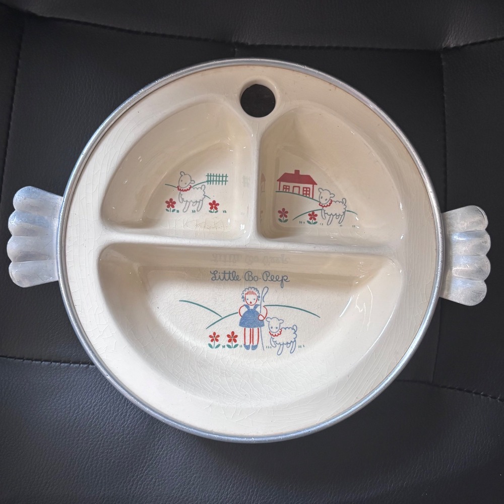 Vintage Excello Little Bo Peep Divided Warming Baby Plate Cream  8in